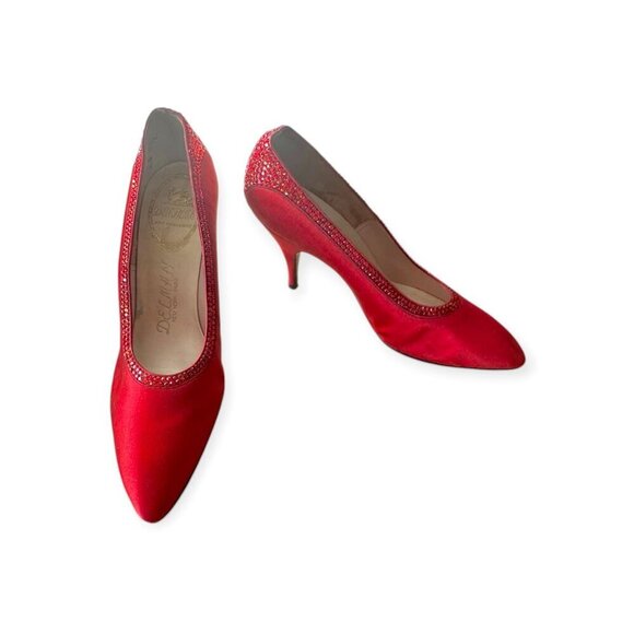 Vintage Delman Red Satin Rhinestone Heels 1950s Size 6BCocktail Pumps